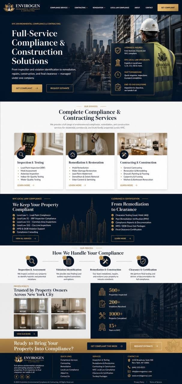 Envirogen NYC website homepage showcasing full-service compliance and construction solutions for New York City properties