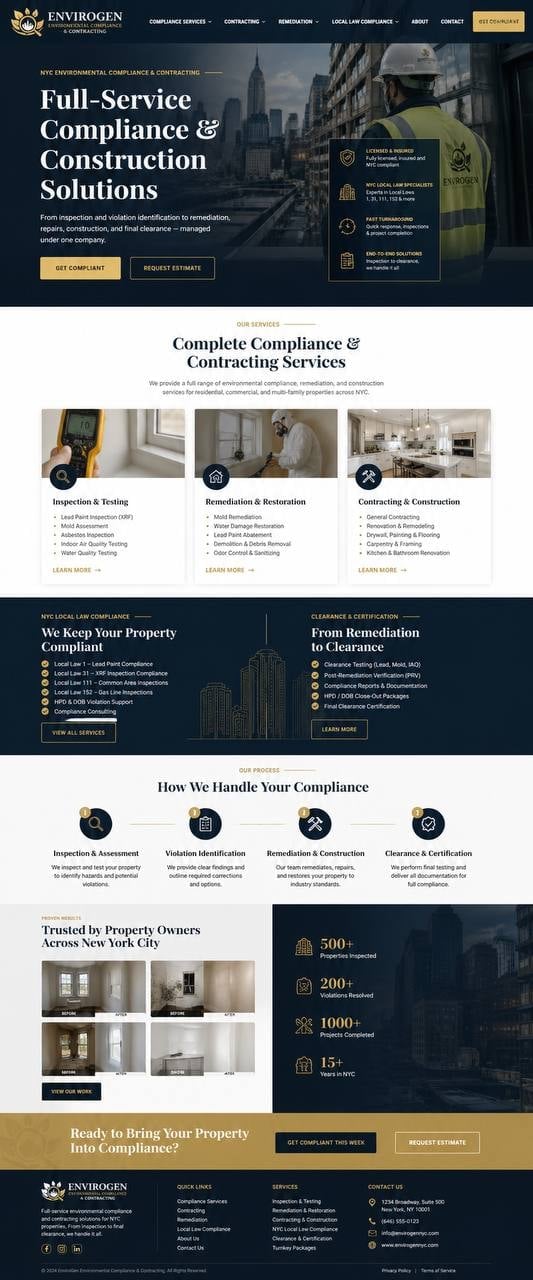 Envirogen website homepage showing full-service compliance and construction solutions with NYC skyline background and construction worker in safety gear
