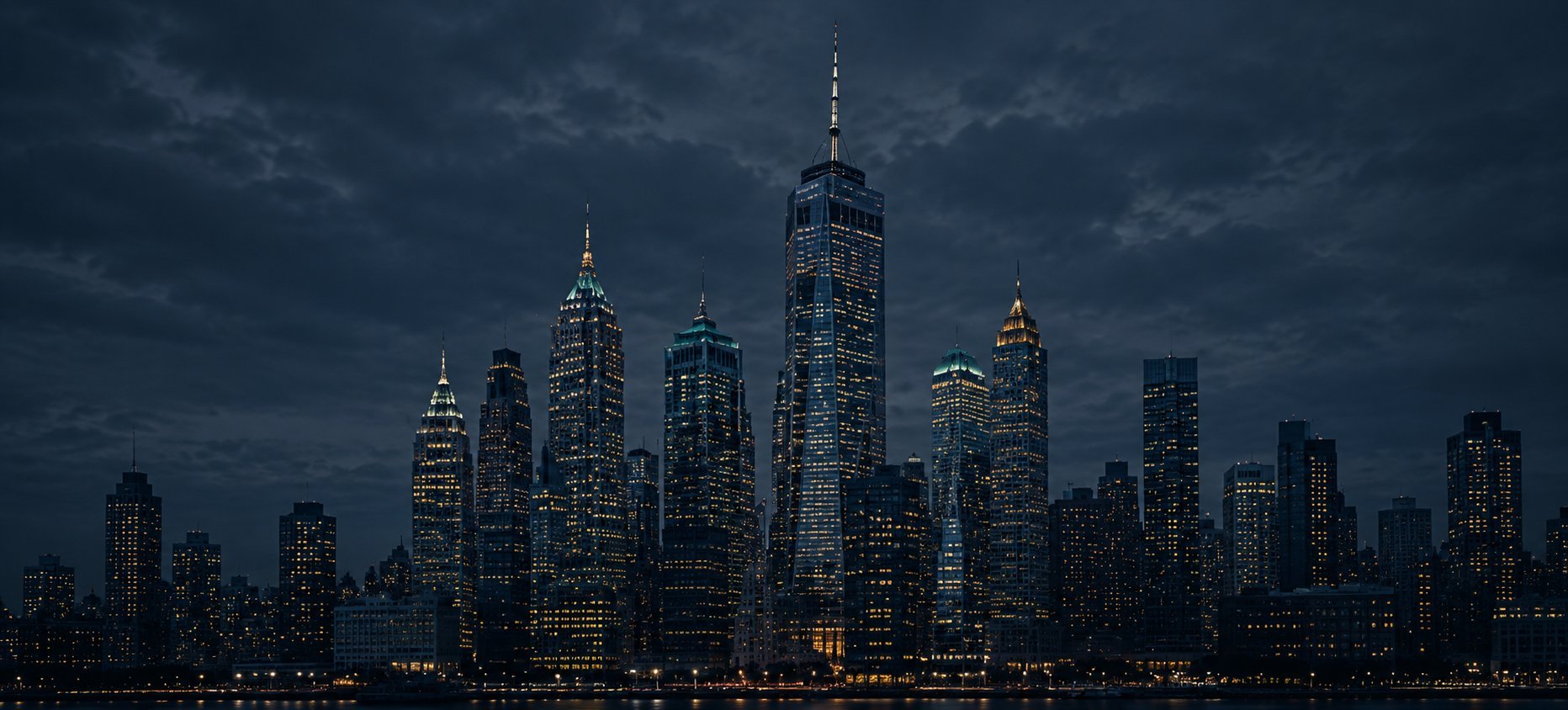 New York City skyline at dusk with illuminated skyscrapers against a dark cloudy sky