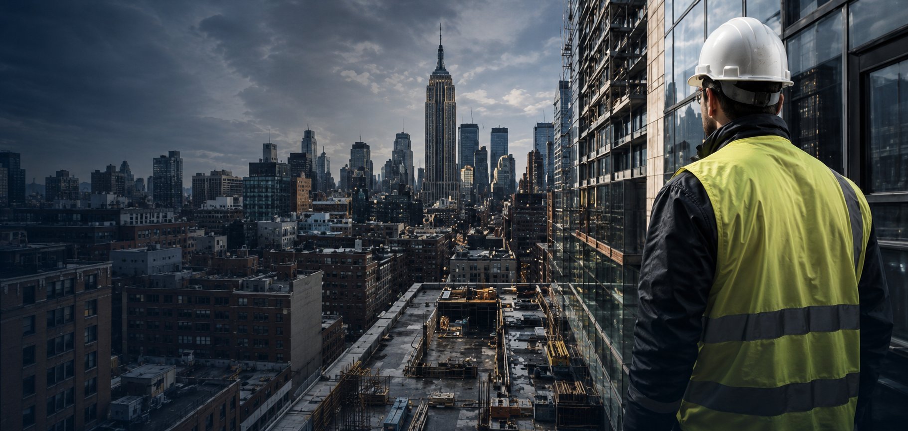 NYC Environmental Compliance and Contracting website homepage featuring a construction worker in safety gear overlooking a city skyline