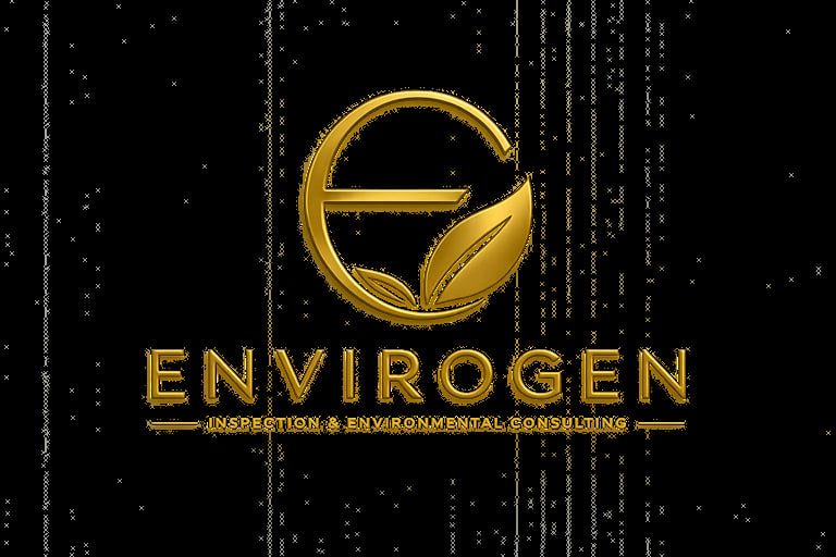 Envirogen logo with golden circular design and leaf symbol on black background with digital pattern