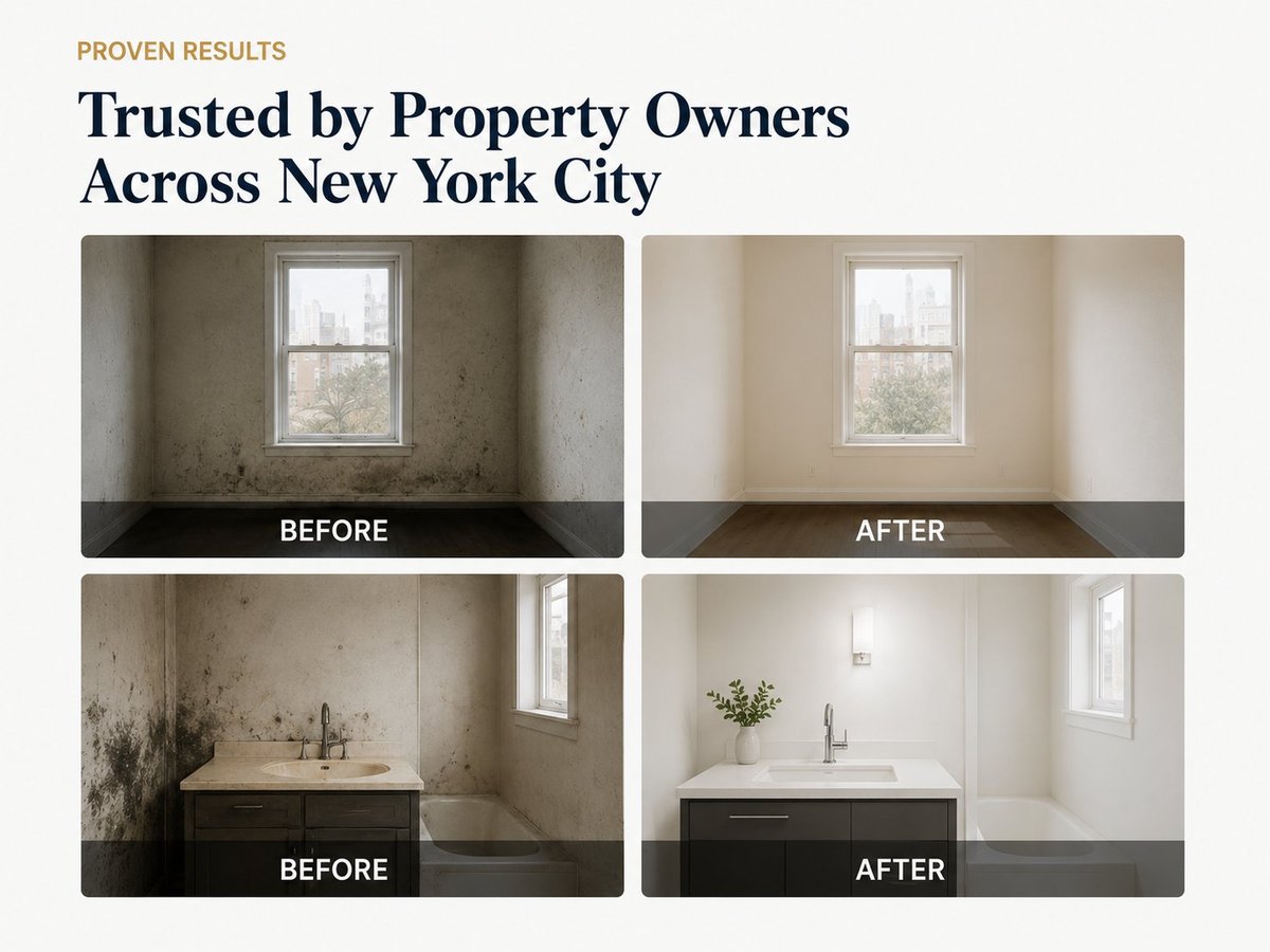 Before and after renovation comparison showing damaged walls and mold transformed into clean, bright, modern spaces in New York City properties.